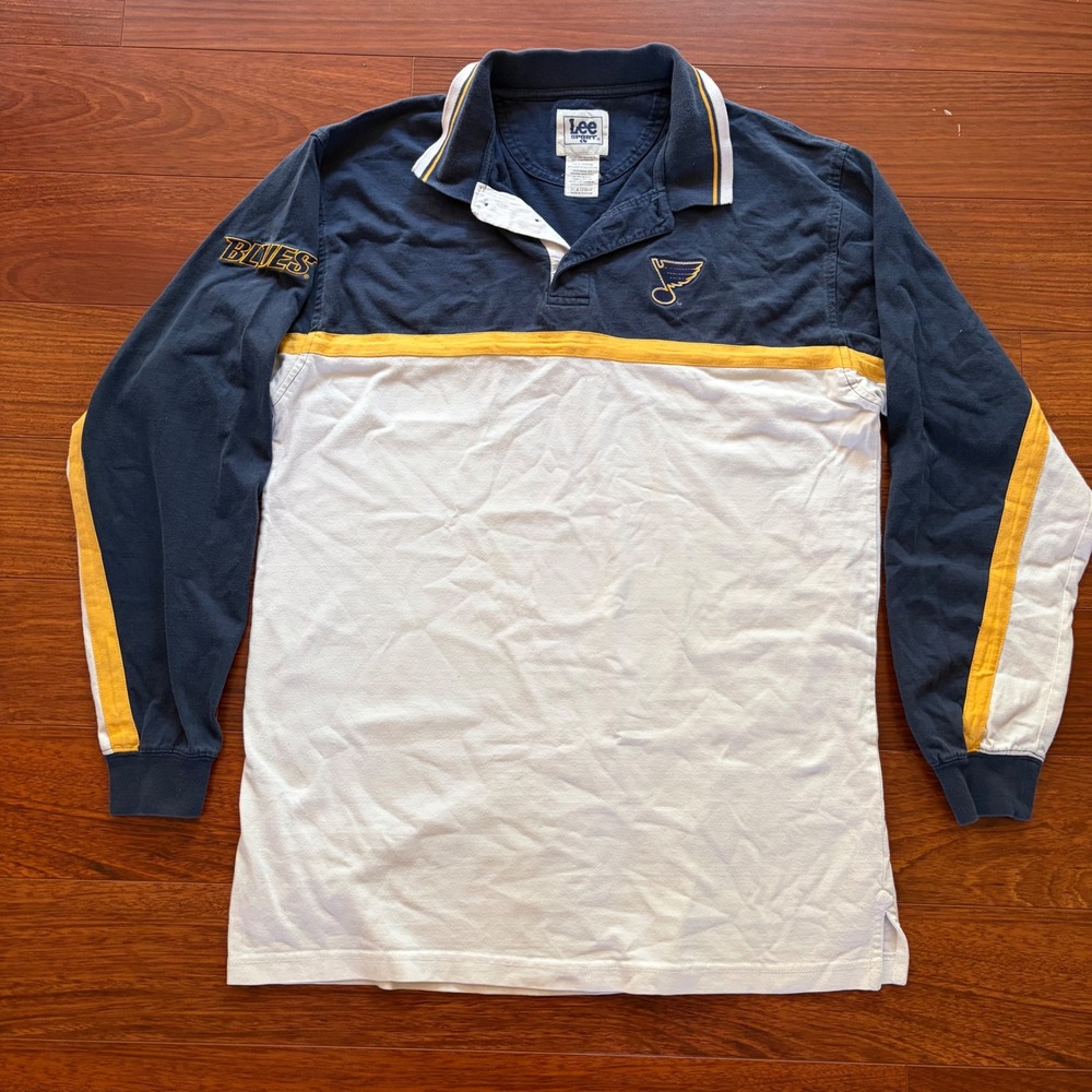 Lee Sport St Louis Blues NHL Long Sleeve Polo Shirt Navy White Yellow Mens L